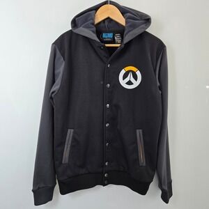 Blizzard Overwatch Varsity Jacket Hoodie Mens M Black Gray Snap Front hooded